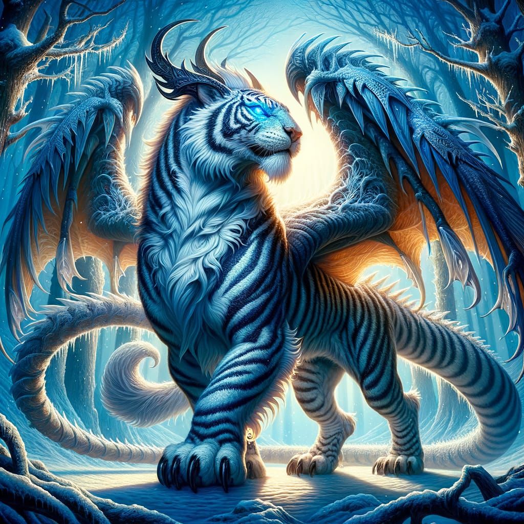 Majestic Tiger Dragon Hybrid in Frosty Gothic Landscape
