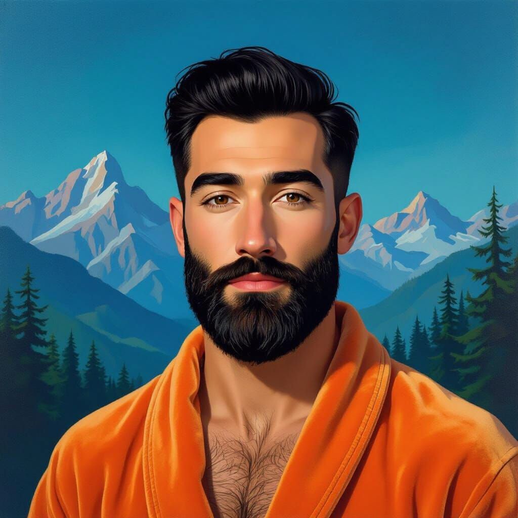 Proud Man in Velvet Robe Amidst Cosmic Mountain Landscape