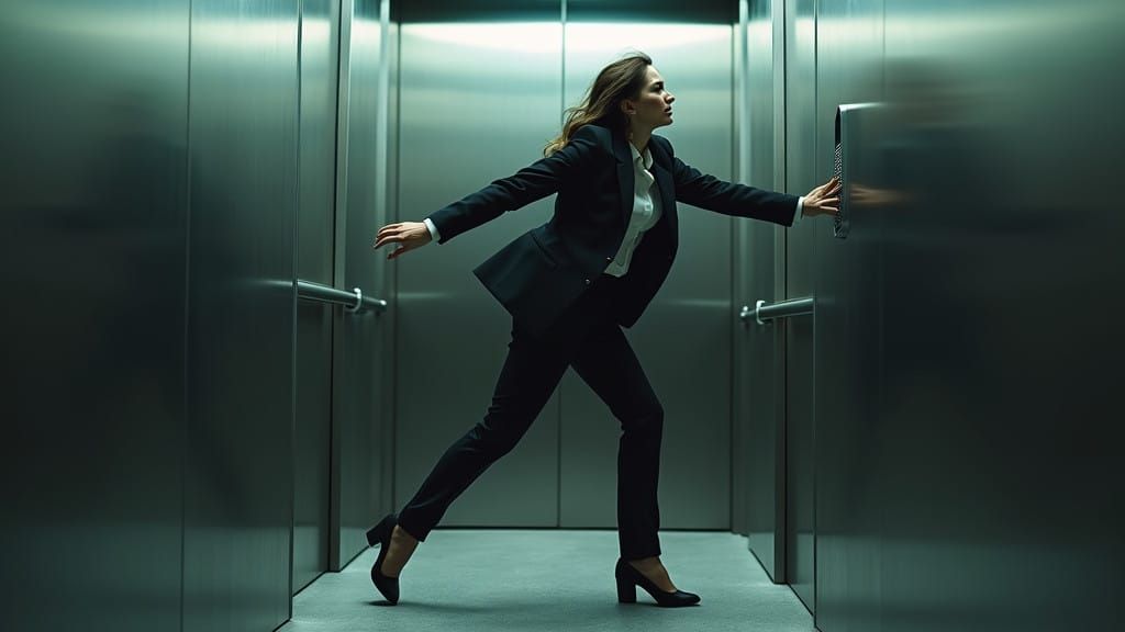 Frantic Woman Slams Emergency Intercom in Futuristic Setting