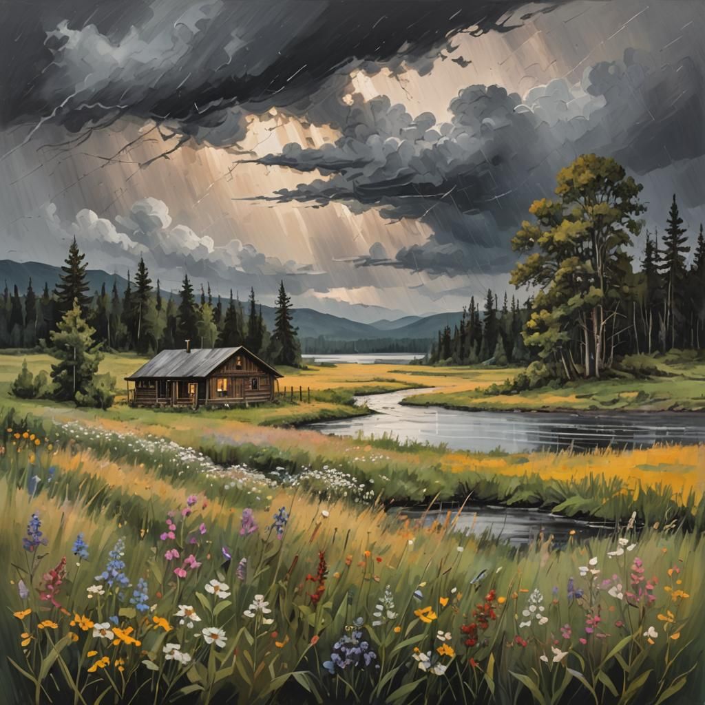 Expressionist Landscape with Wildflowers and Storm Clouds