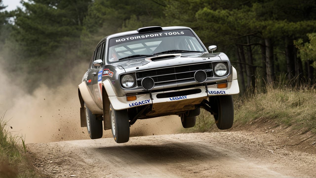 Vintage Rally Car Mid-Air Over Forest Dirt Track