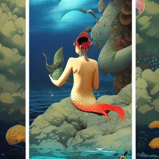 Menacing Mermaid Watches Sailor, Detailed Digital Art