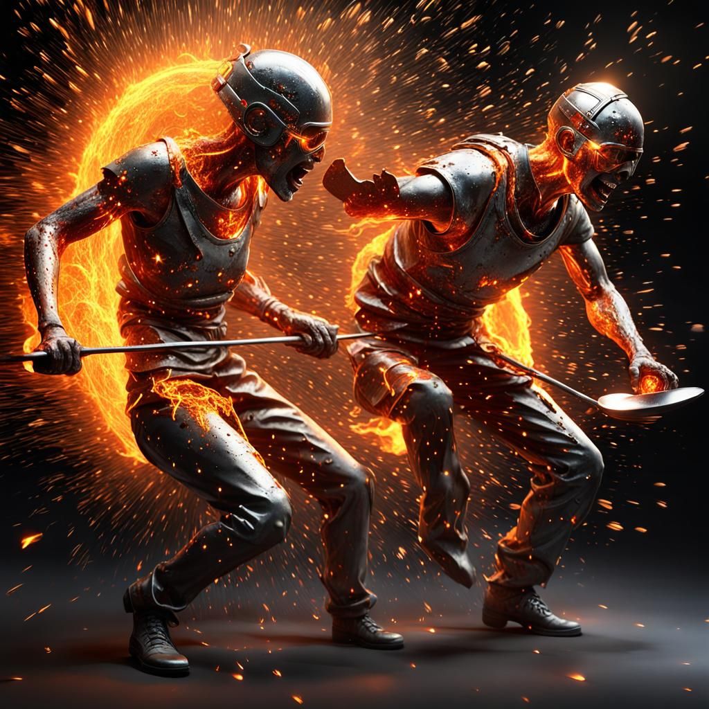 Dramatic Couple Amidst Molten Metal and Fiery Sparks