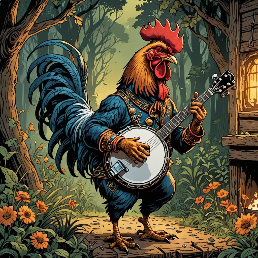 Rooster Plays Banjo in Comic Book Style