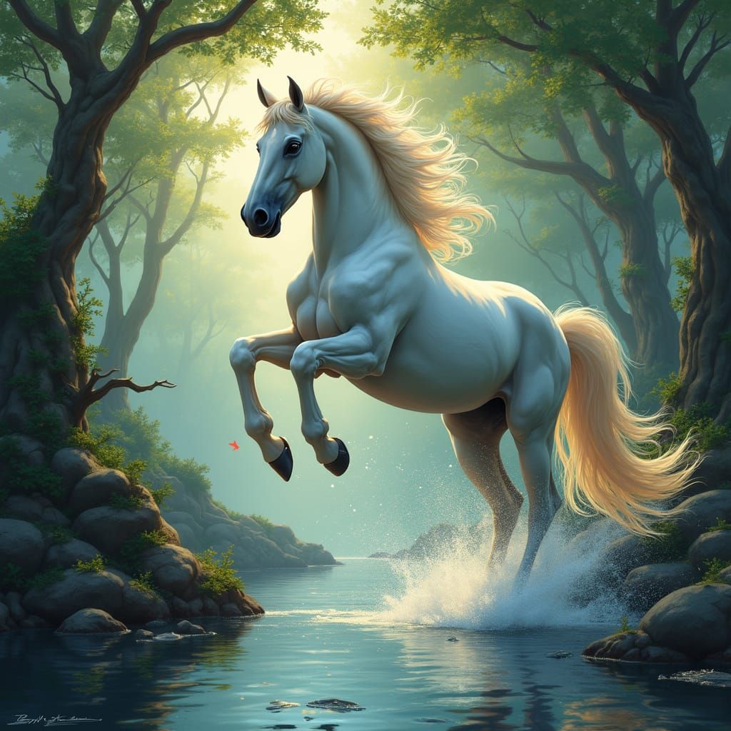 Majestic Horse Leaps Mystical Forest River