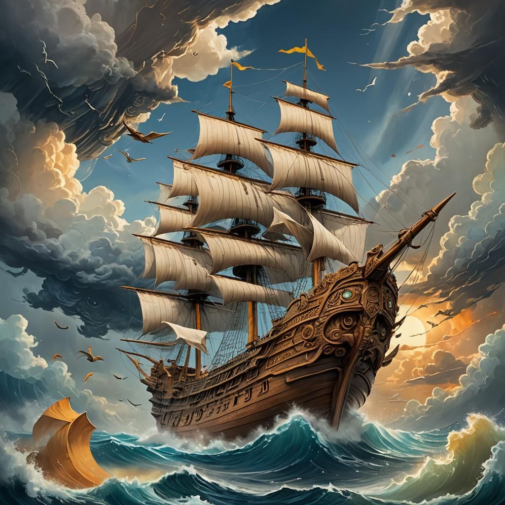 Majestic Flying Ship Soaring Through Stormy Sky