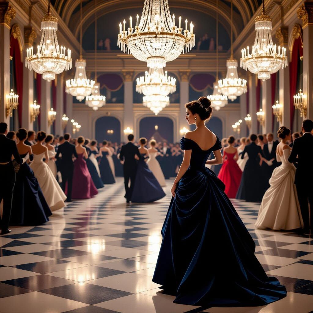 Elegantly Dressed Woman in Grand Ballroom Scene