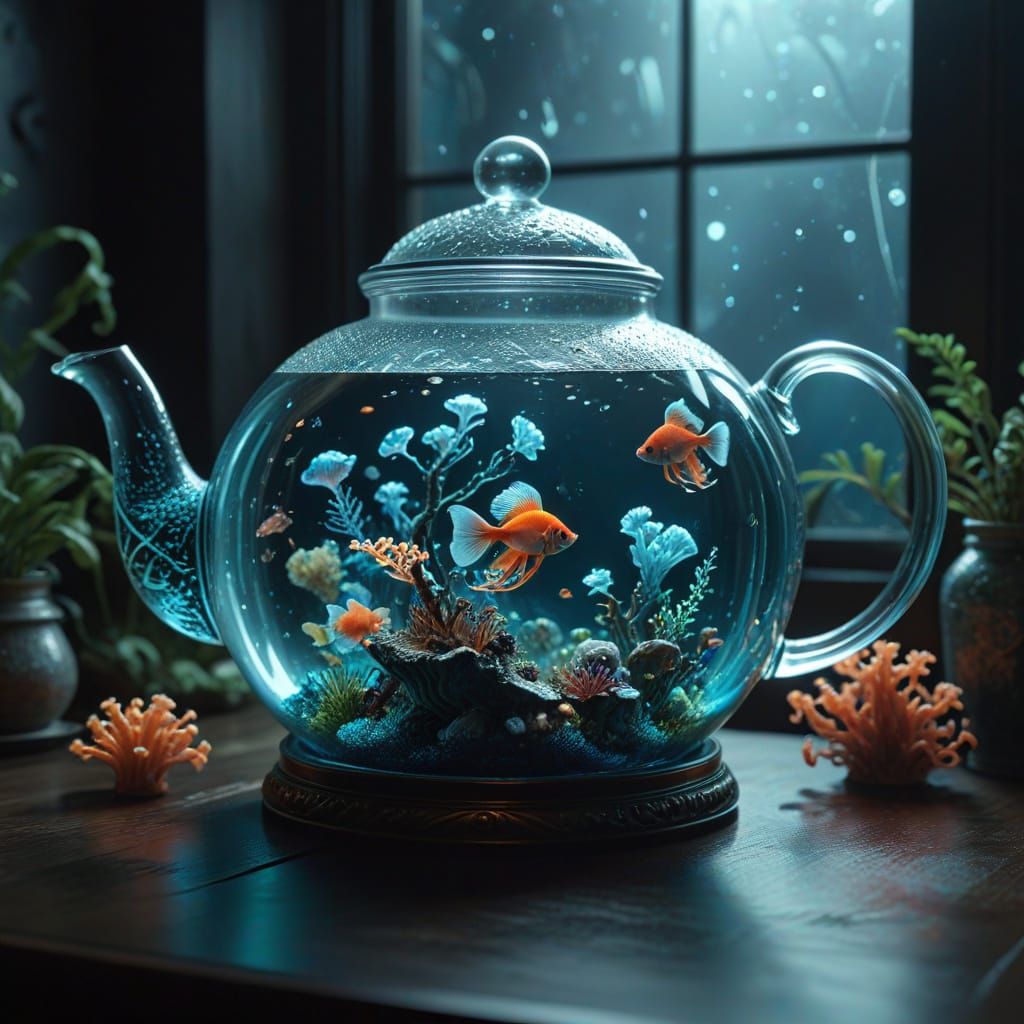 Teapot Aquarium with Bioluminescent Underwater World