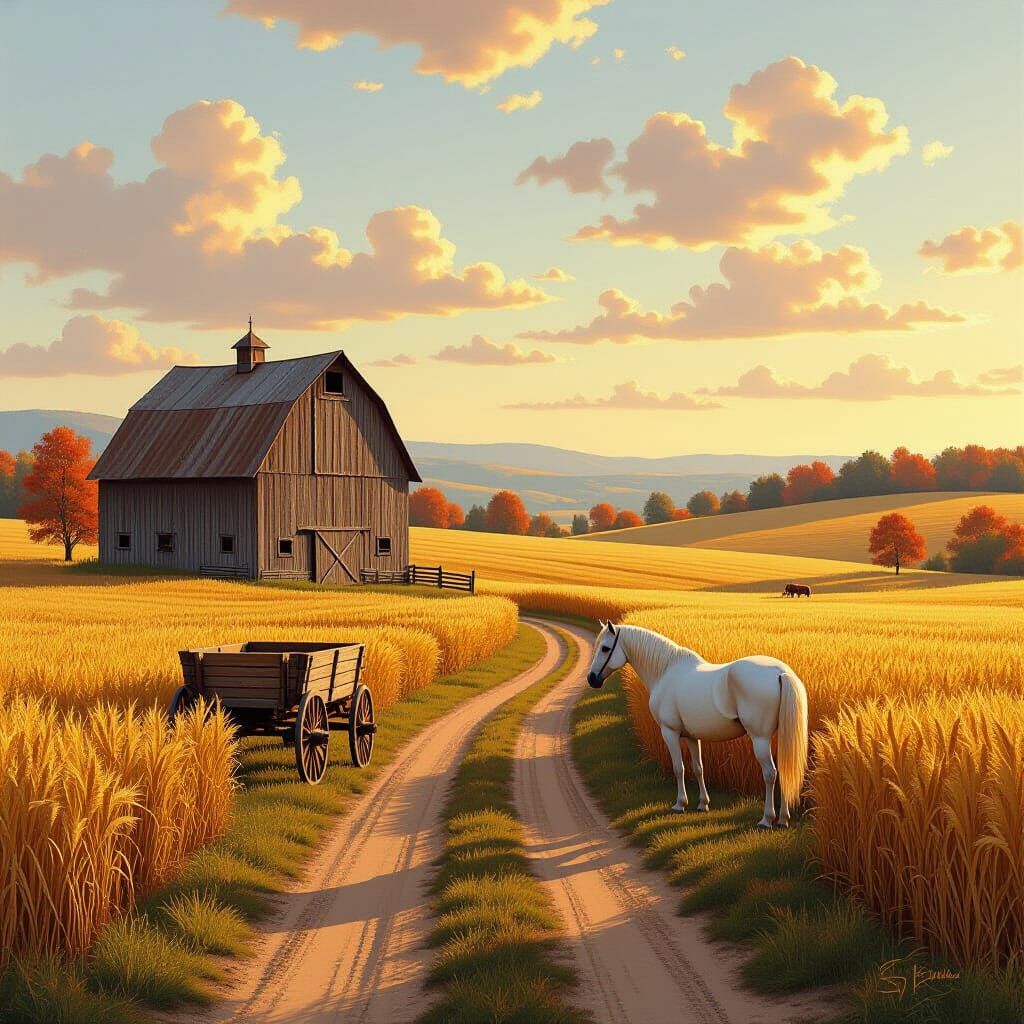 Autumn Barn Landscape in Rustic Realism Style