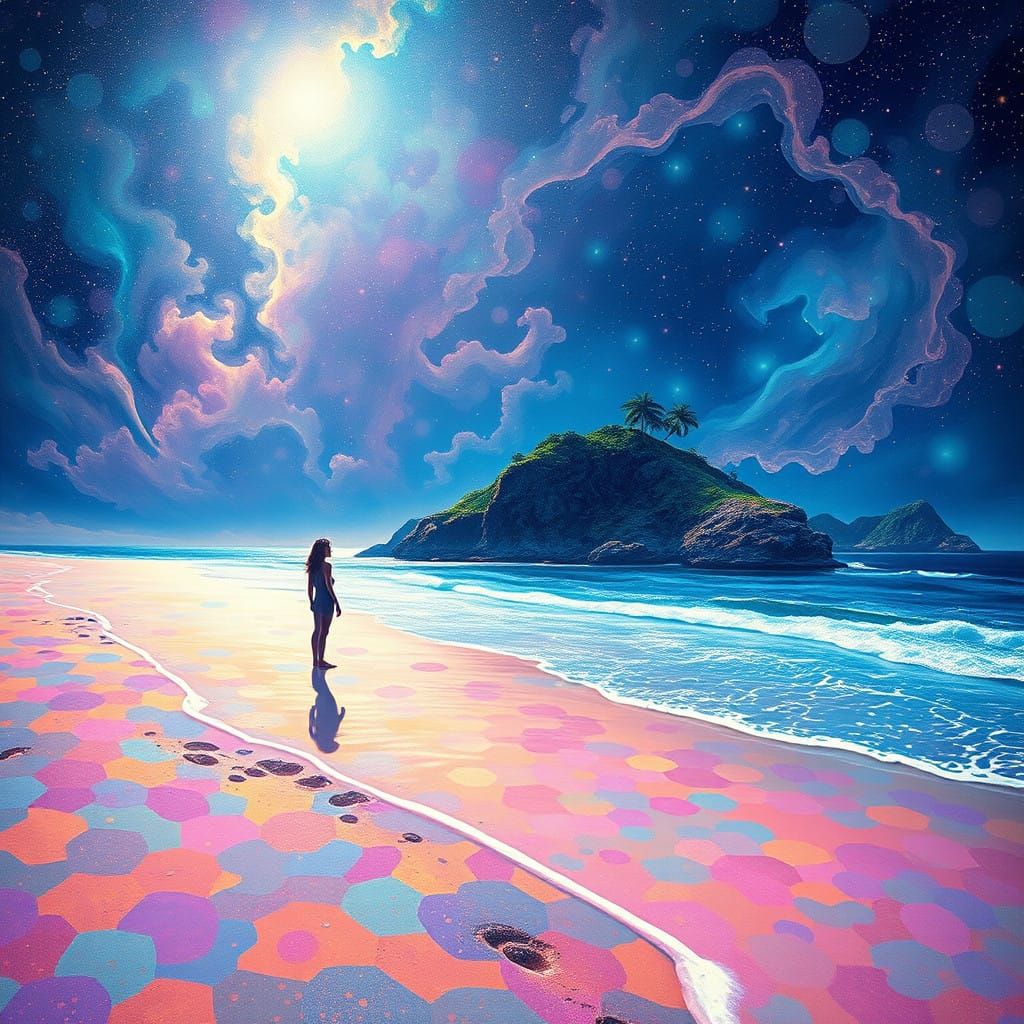 Surreal Beach Scene in a Nebula with Shimmering Mosaic Colou...