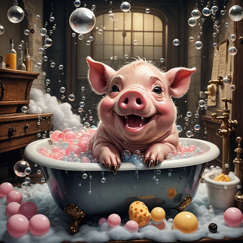Giant Pig's Bubble Bath: Whimsical Digital Art
