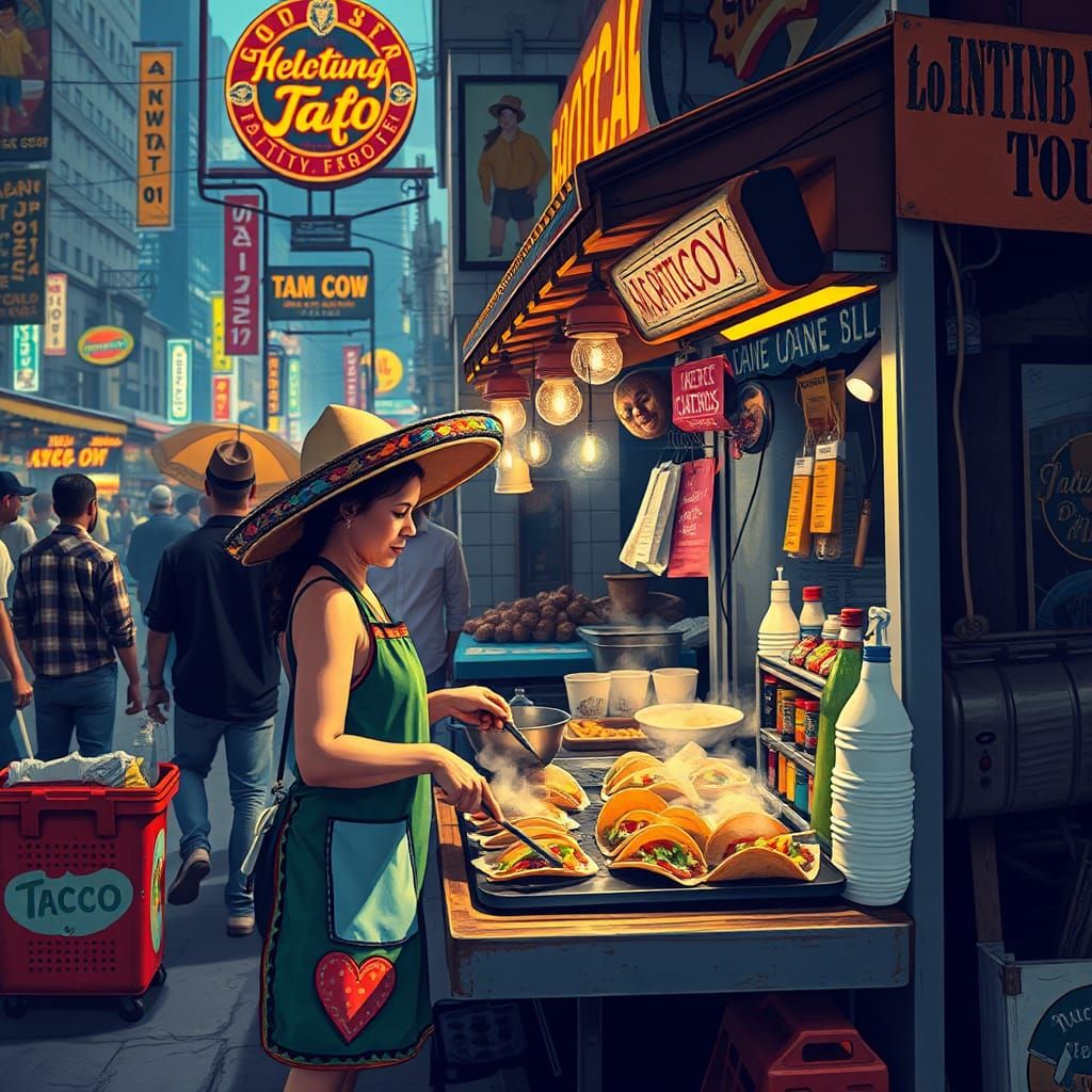 Taco Stand Scene in Bold, Vibrant Style