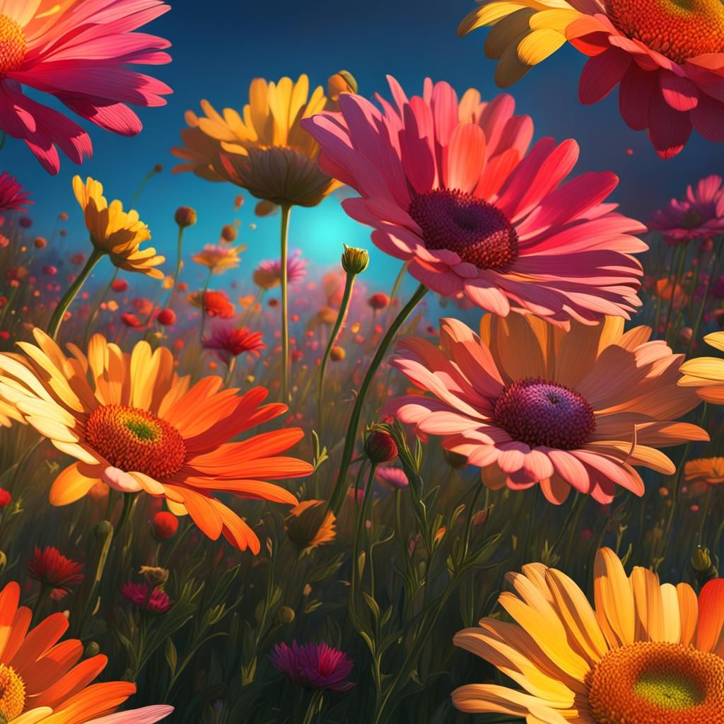 Sunset Flower Meadow: Hyperrealistic Splash Art