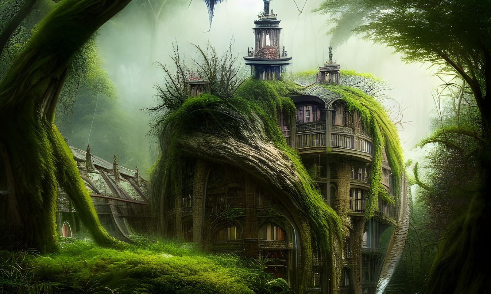 Magical Forested Residential Tower in Digital Art Style