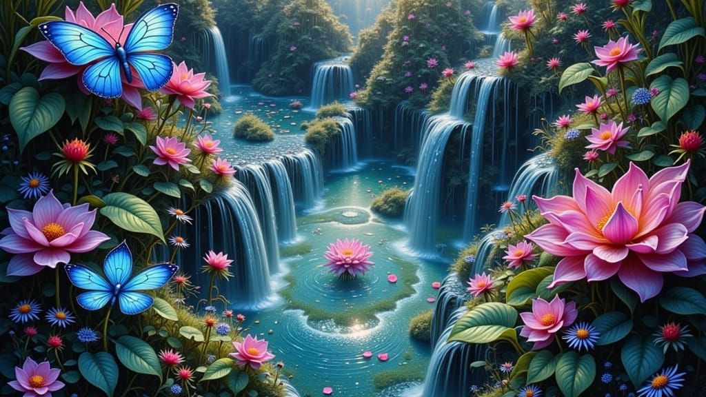 Dreamscape Garden with Surreal Fountains, Art Nouveau Style