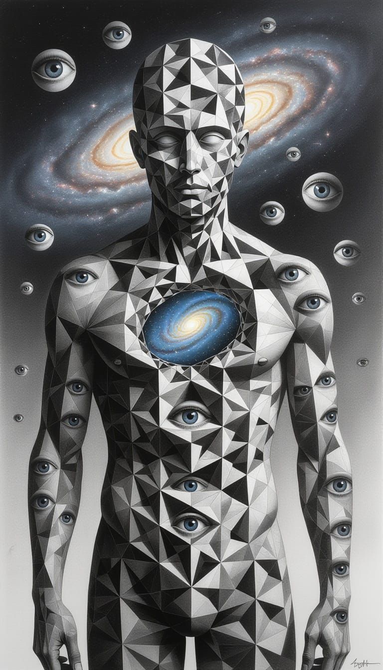 Surreal Figure of Geometric Grids and Galaxies in Charcoal