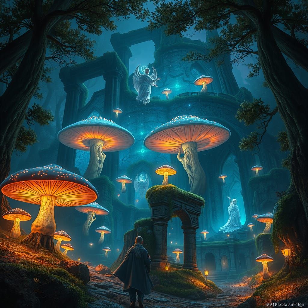 Bioluminescent Forest Twilight With Glowing Mushrooms and Sp...