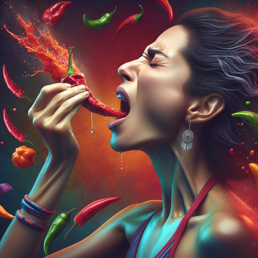 Woman Enduring Fiery Agony Eating Chili: Hyperrealistic Spla...