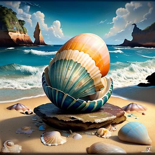 Seashells on Sunlit Beach, Surrealist Oil Painting