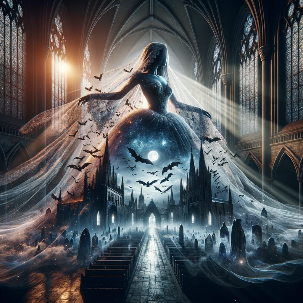 Phantom Ballgown with Bat Swarm and Gothic Cathedral