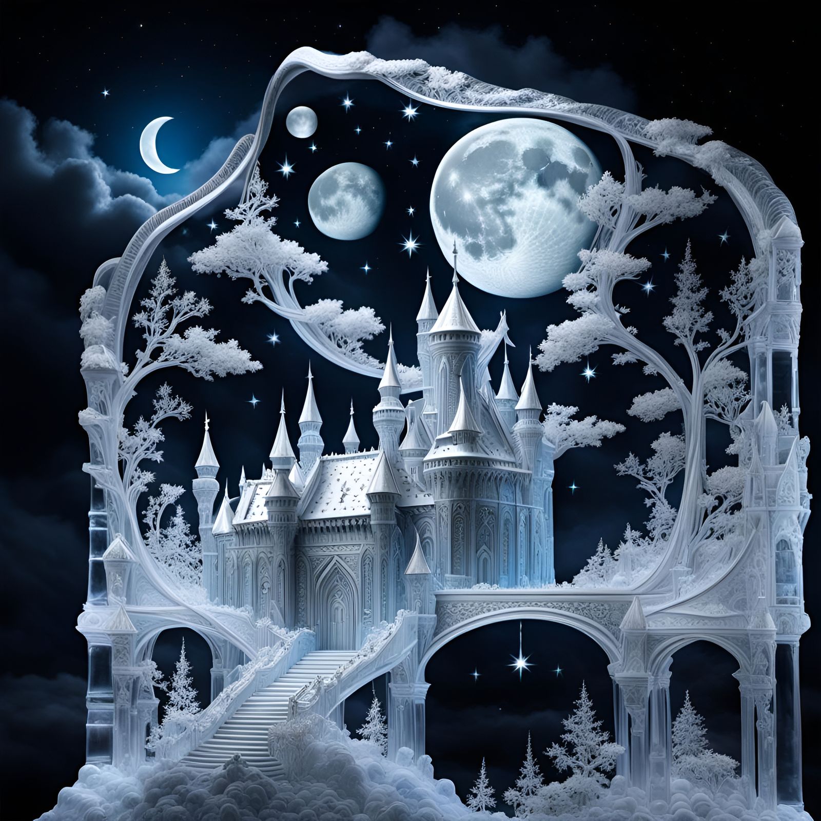 Frozen Majesty: A Medieval Castle in Ice Sculpture Splendor.