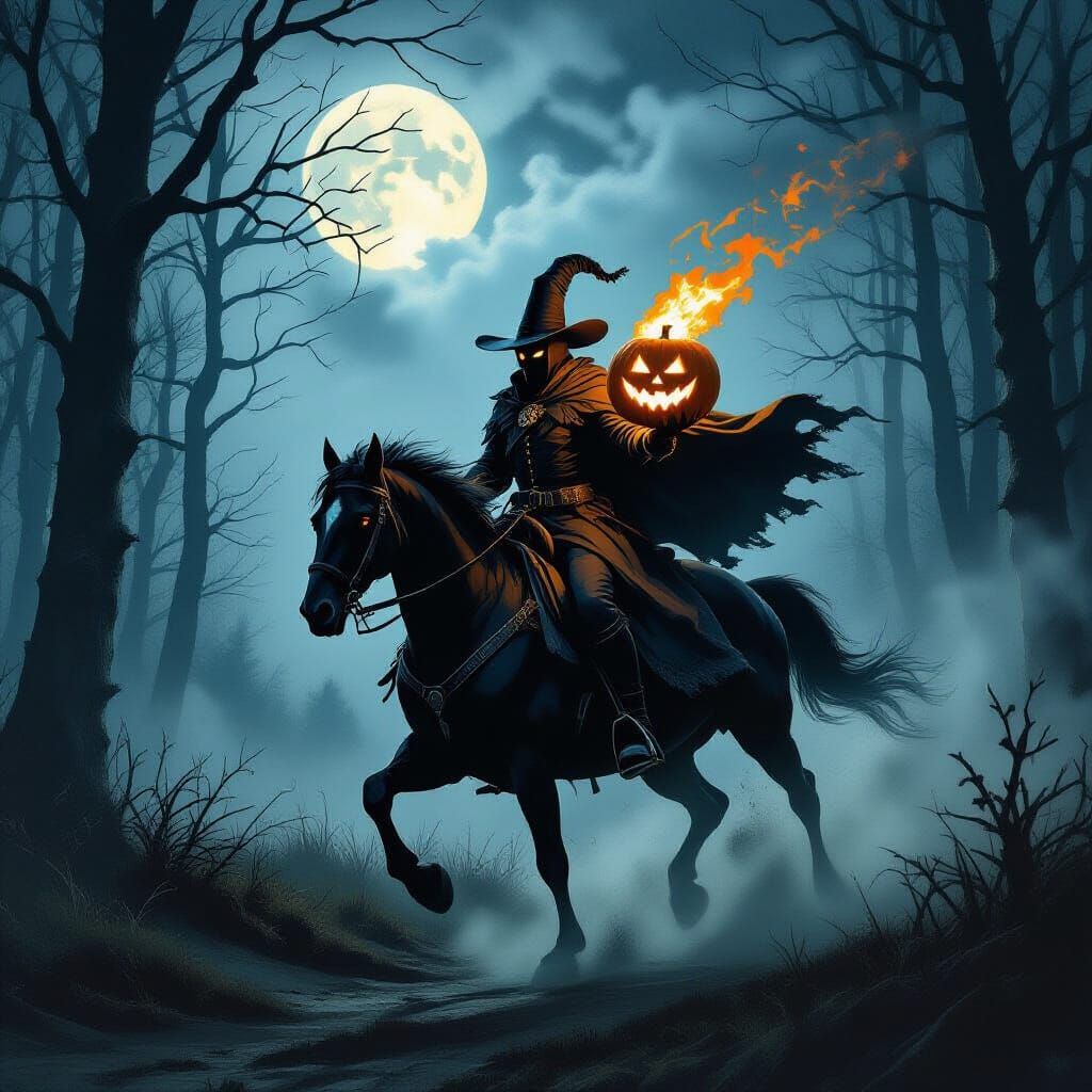 Headless Horseman Gallops Through Foggy Forest