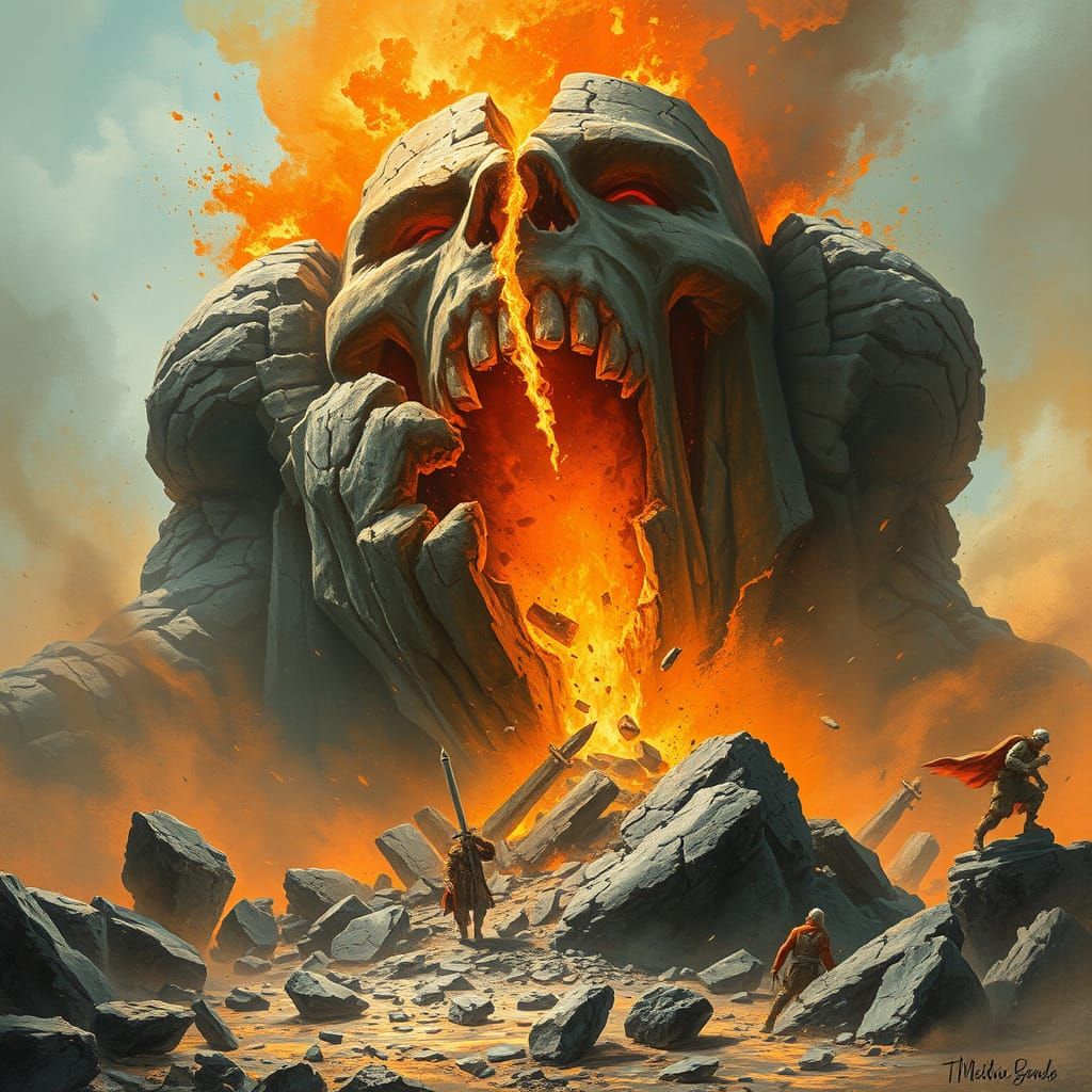 Scandinavian Stone Giant Shatters in a Roar of Dust and Fire
