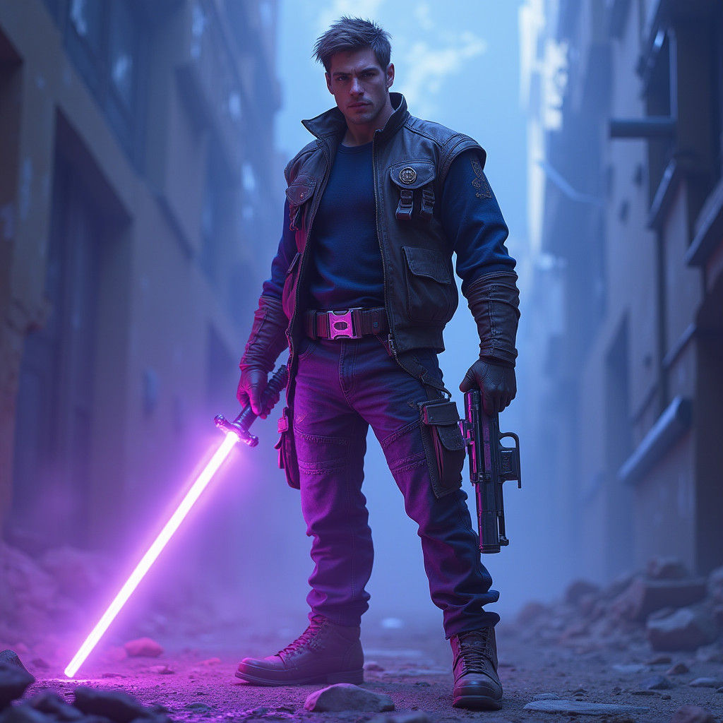 Rugged Warrior with Purple Lightsaber in Galactic Wars Style