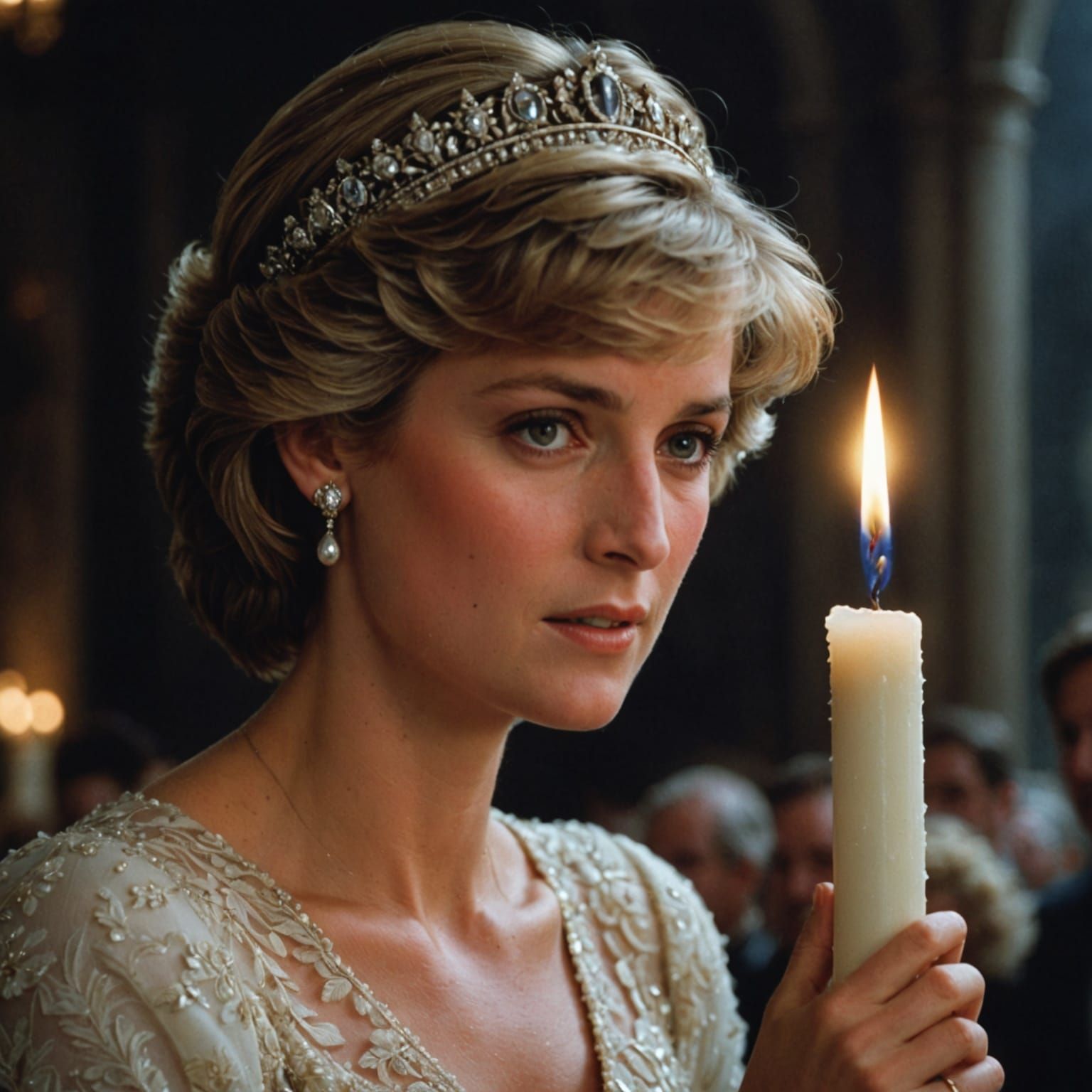 Princess Diana holding a single white candle while the wind ...