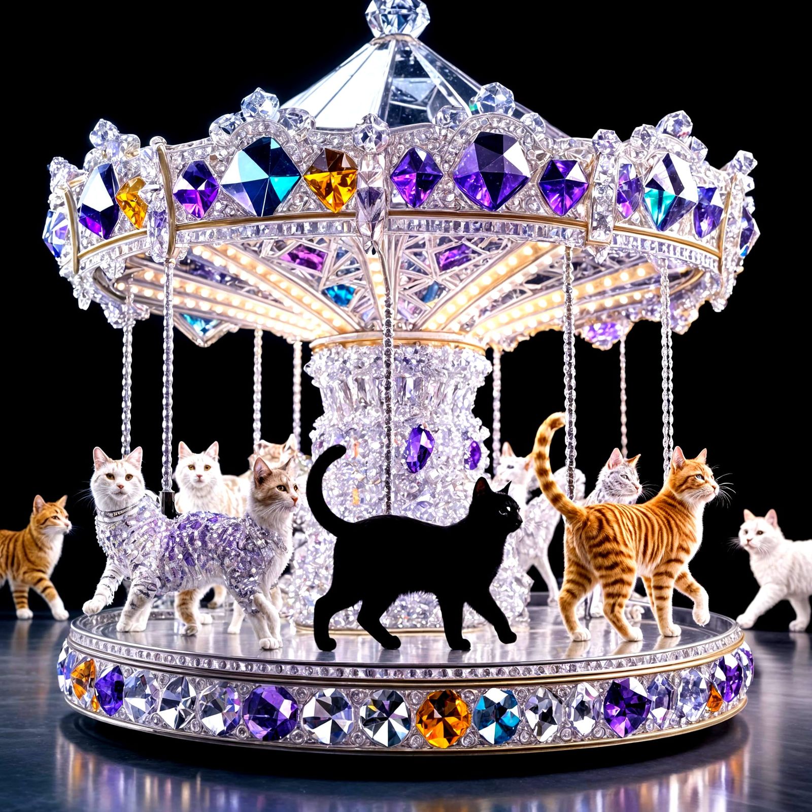 Crystal Cat Carousel Adorned with Amethyst and Diamonds