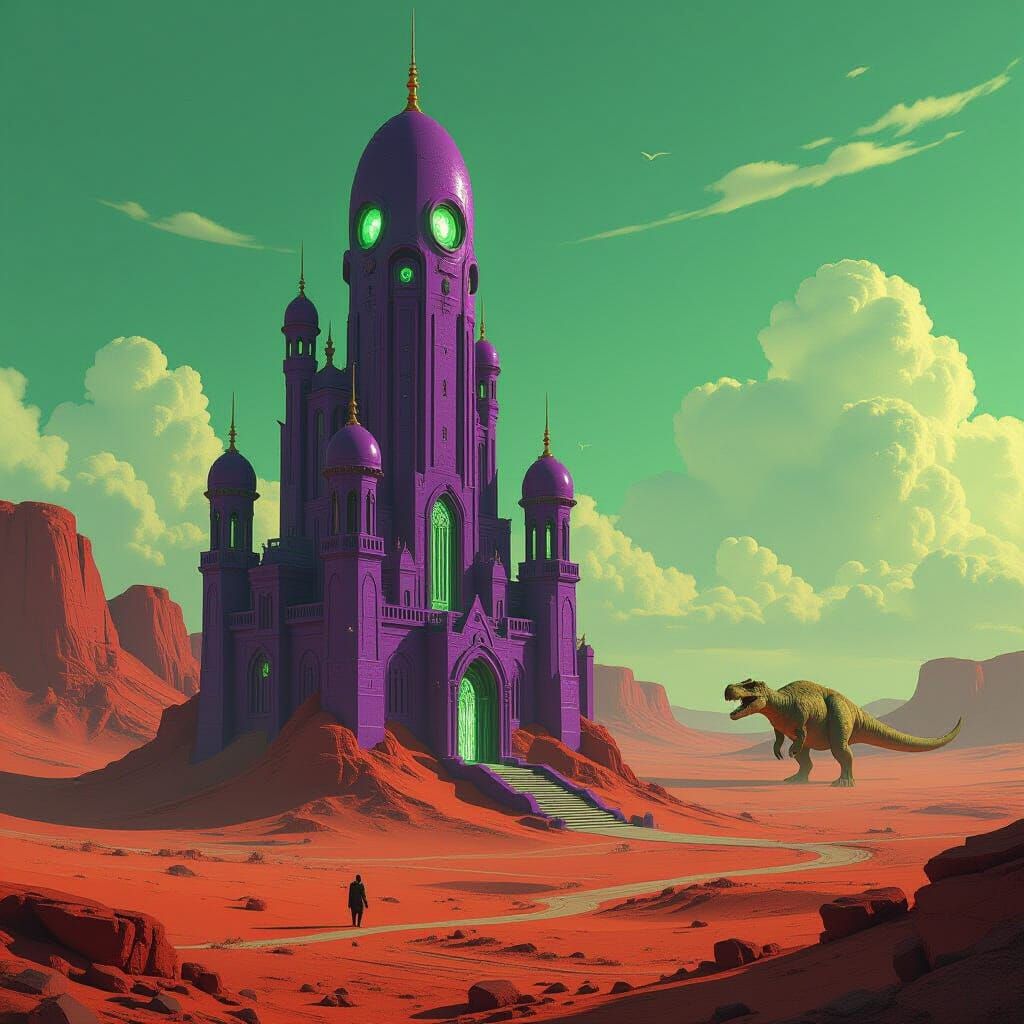 Purple Alien Castle in Red Desert, Retro-Futurism