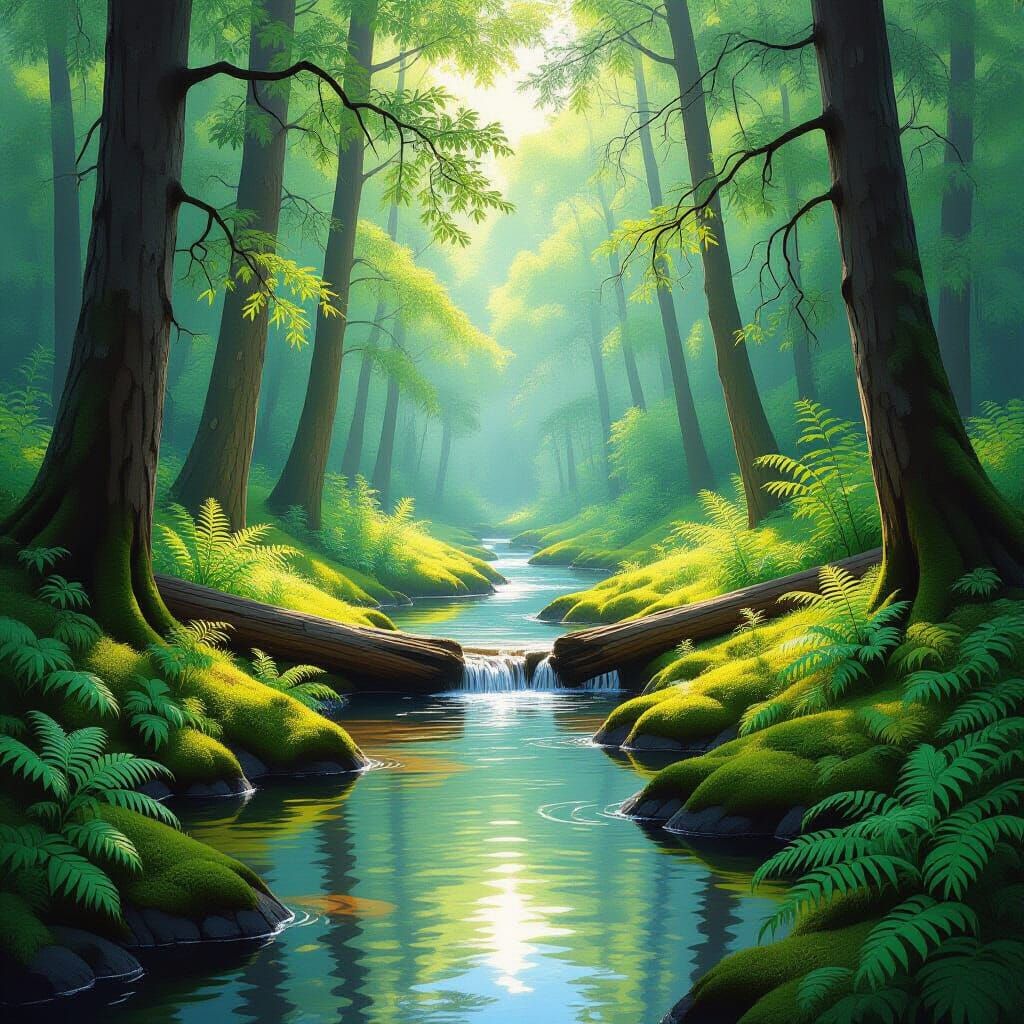 Sun-Dappled Forest Glade with Tranquil Pool - Impressionisti...