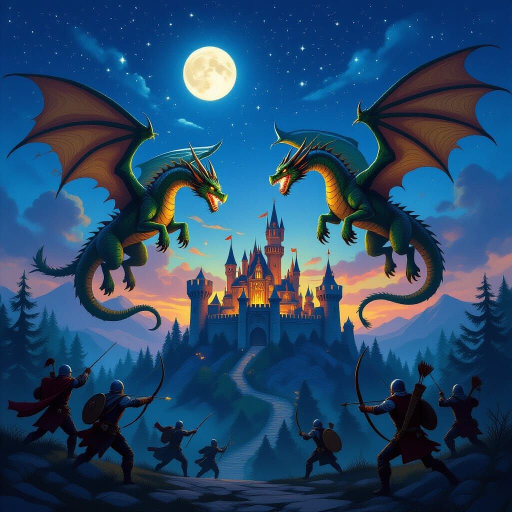 Grim Dragons Attack Castle Under Starry Evening Sky
