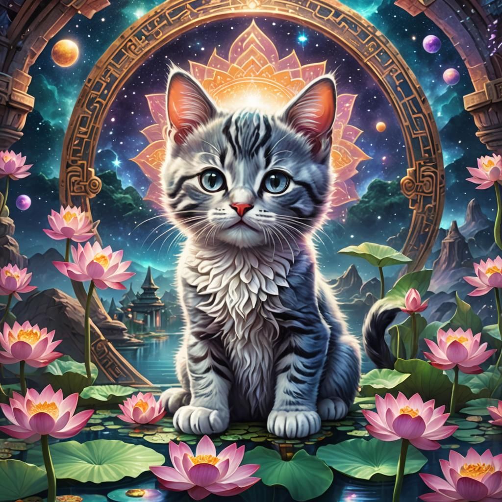 Dreaming Kitten in Lotus Pond: Astral Illustration