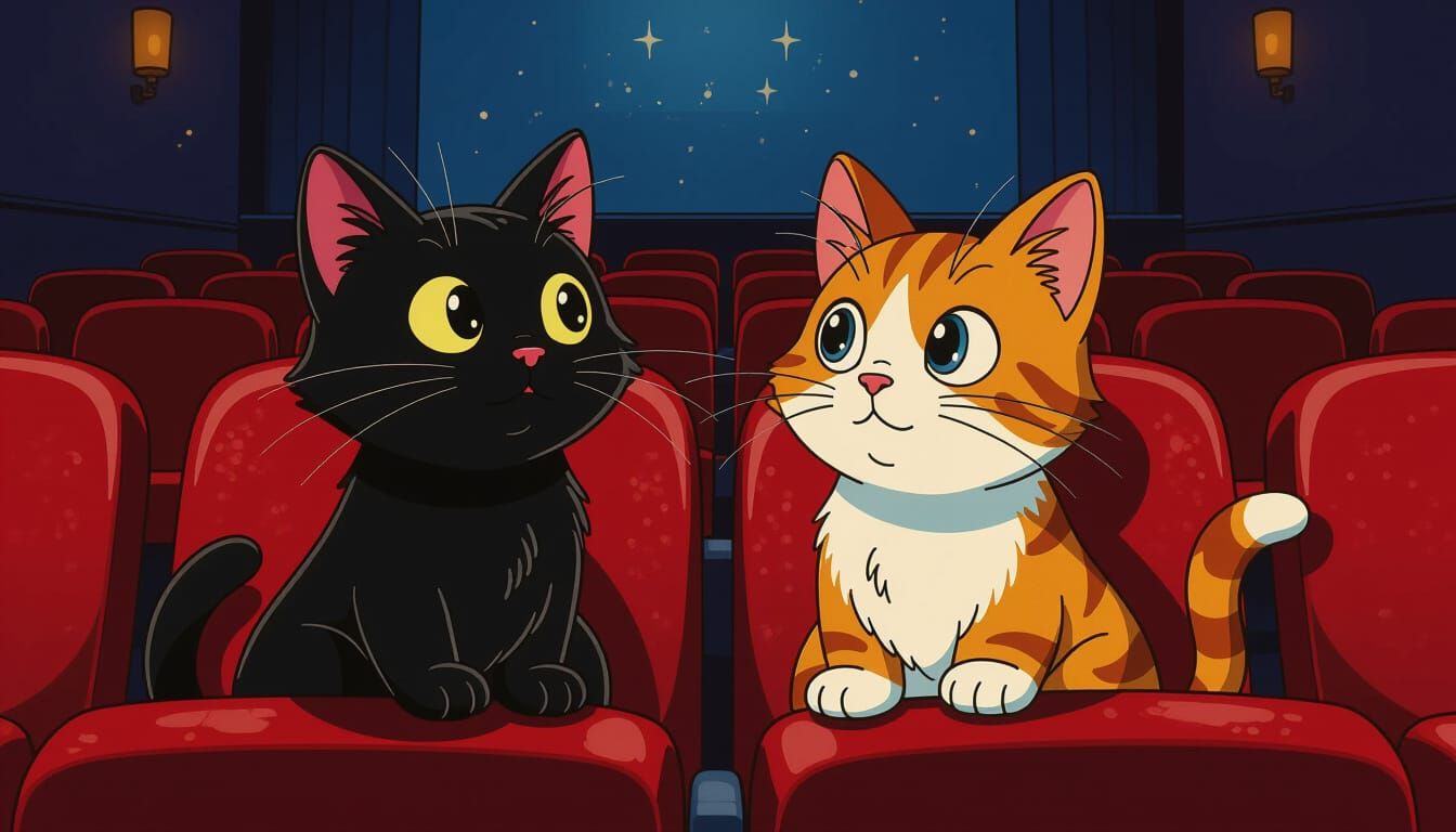 Cats Watch Movie in Dim Theater, Disney Miyazaki Style