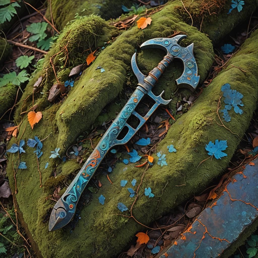 Ornate Rusty Tool on Mossy Stone