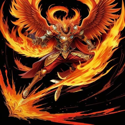 Fiery Phoenix with Heart Wand in Anime Style