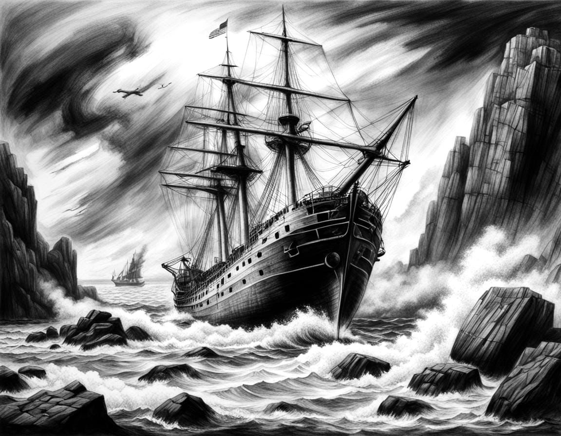 Old Ship Navigates Wind and Rocks: Charcoal Drawing