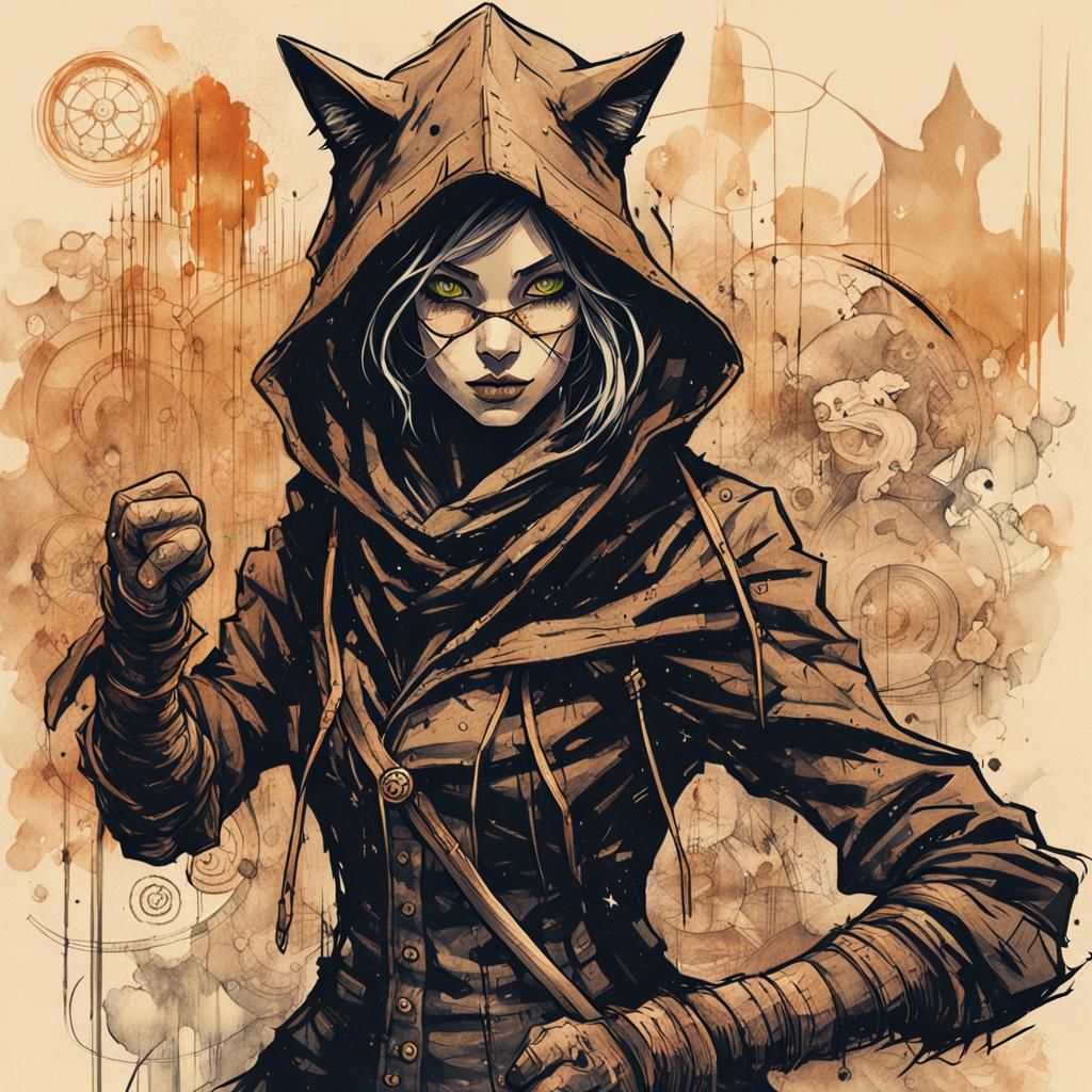 Steampunk Catgirl Ready to Fight: Dark Fantasy Art