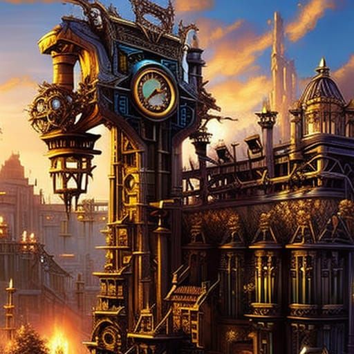 Clockwork Steampunk City Illustration: Fantasy Art
