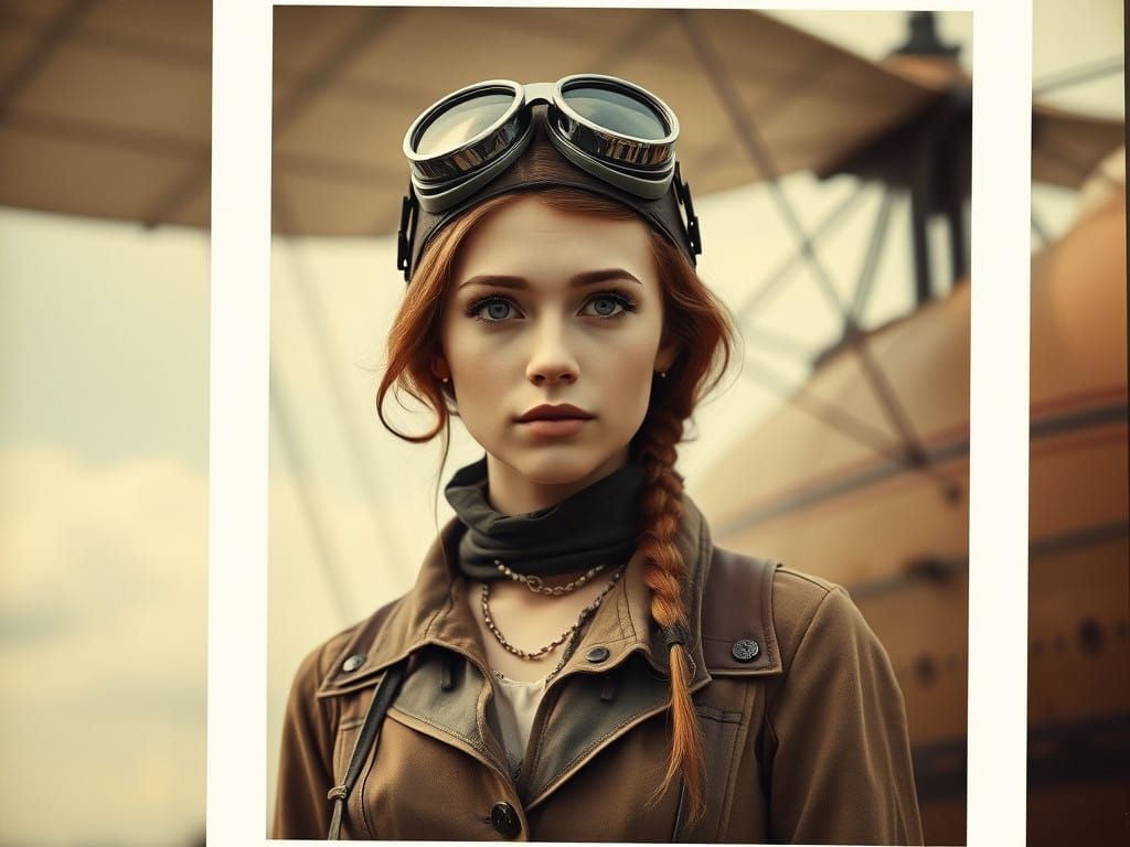 Steampunk Aviatrix in Vintage Polaroid Frame