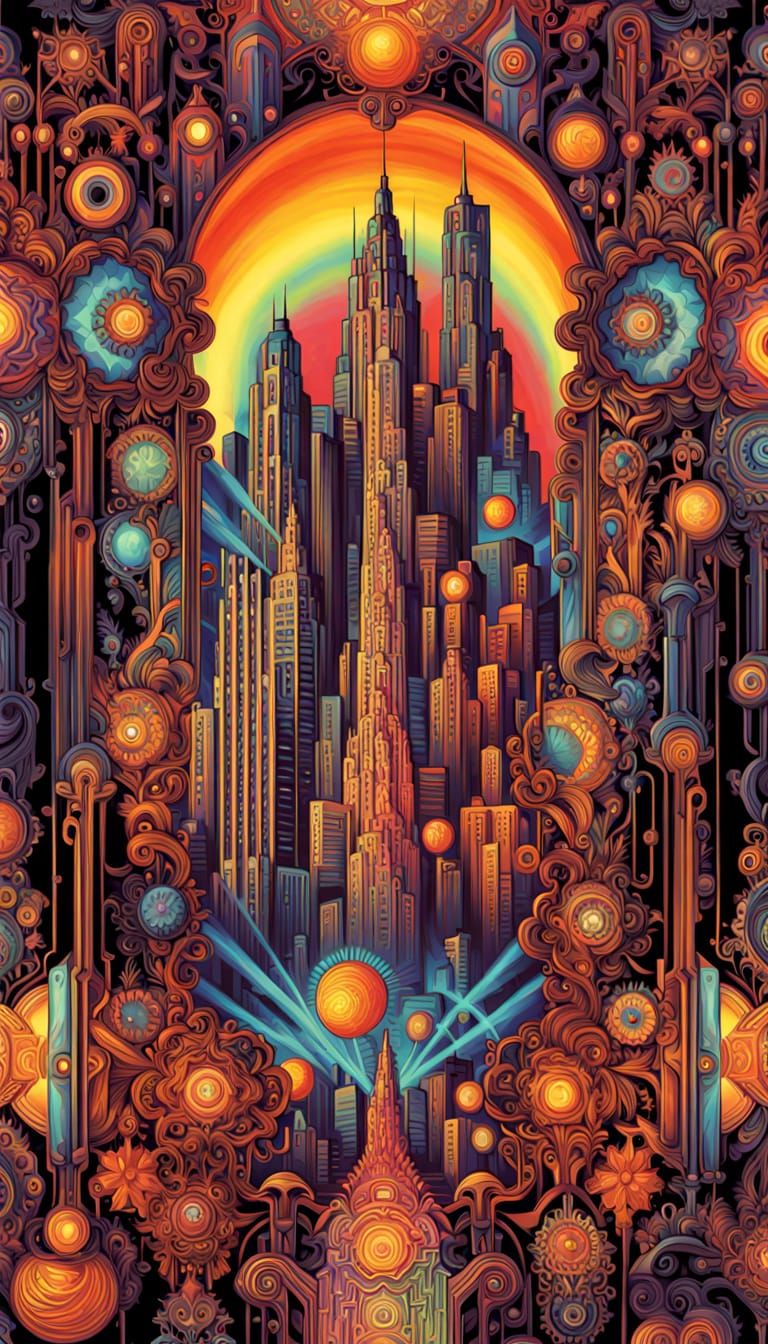 Metropolis Cityscape with Art Deco Robot and Moloch