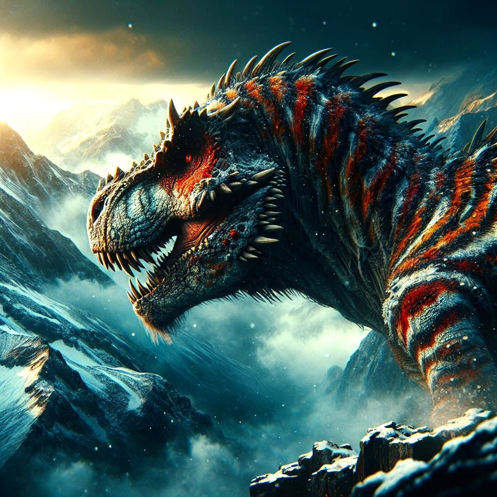 Tiger-striped Tyrannosaurus Rex in Snowy Mountains