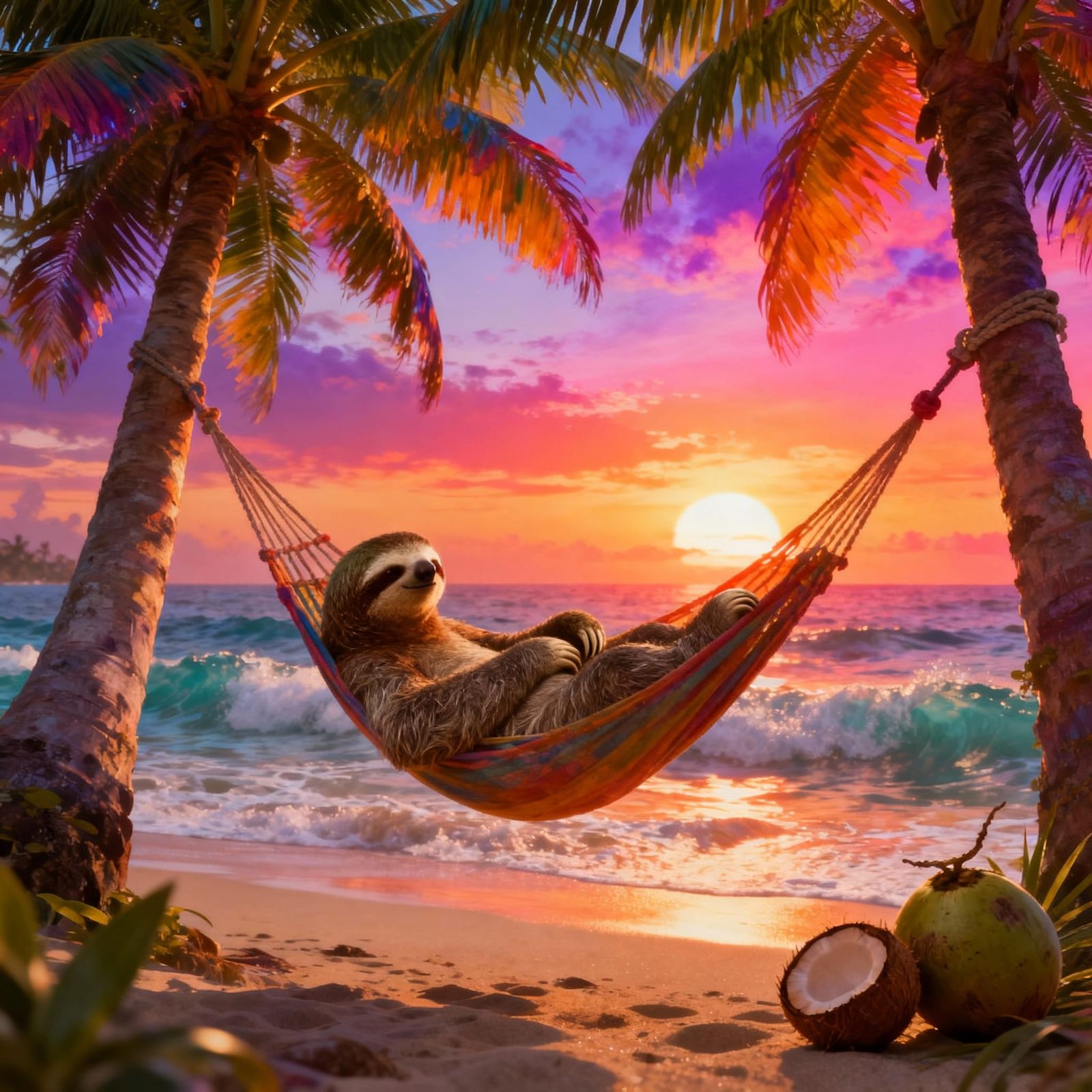 Peaceful Sloth in Hammock at Tropical Sunset