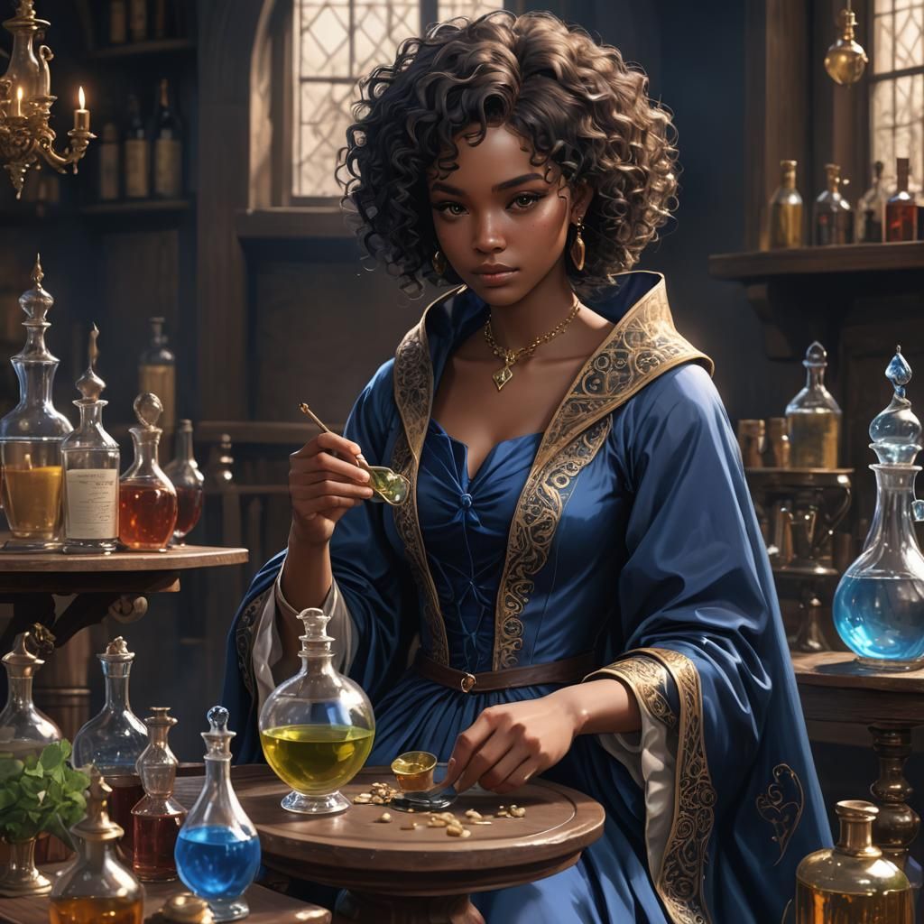Beautiful Woman Brews Potion in Anime Style