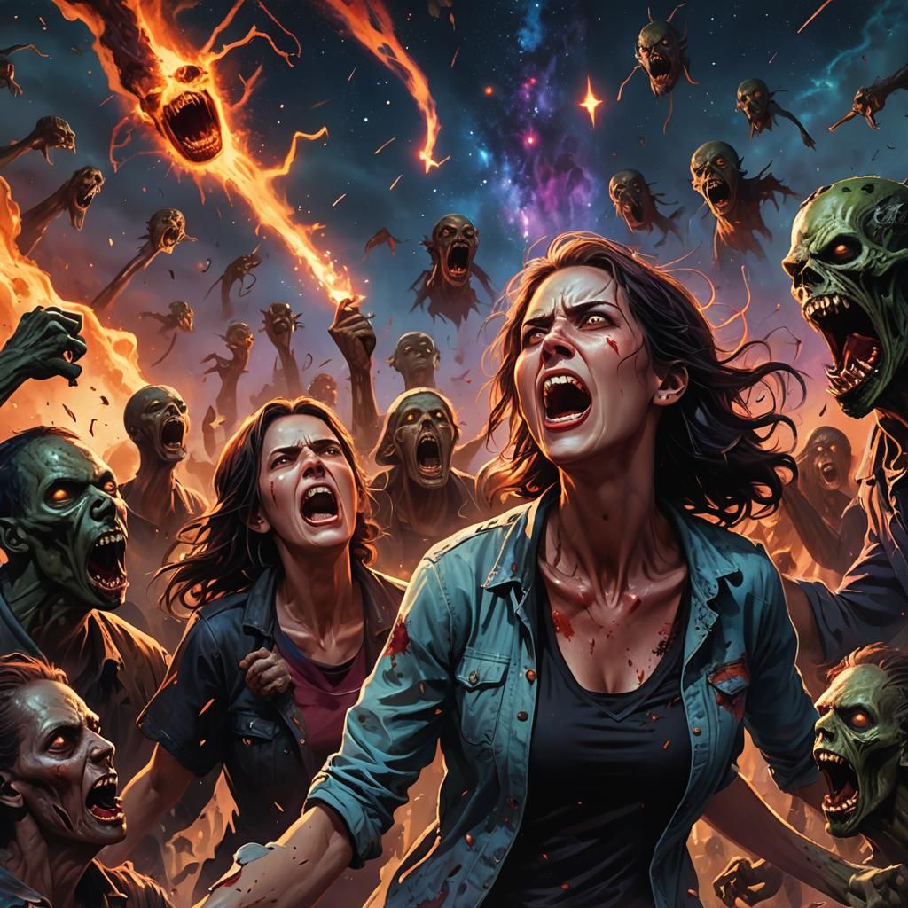 Demonic Woman Screaming at Stars in Hyperrealistic Splash Ar...