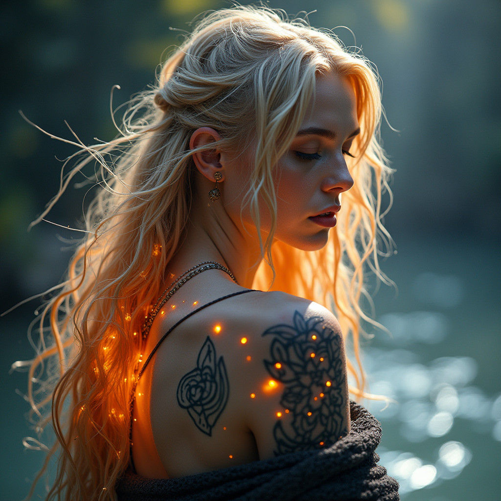 Ethereal Viking Goddess with Glowing Tattoos in Neon Light
