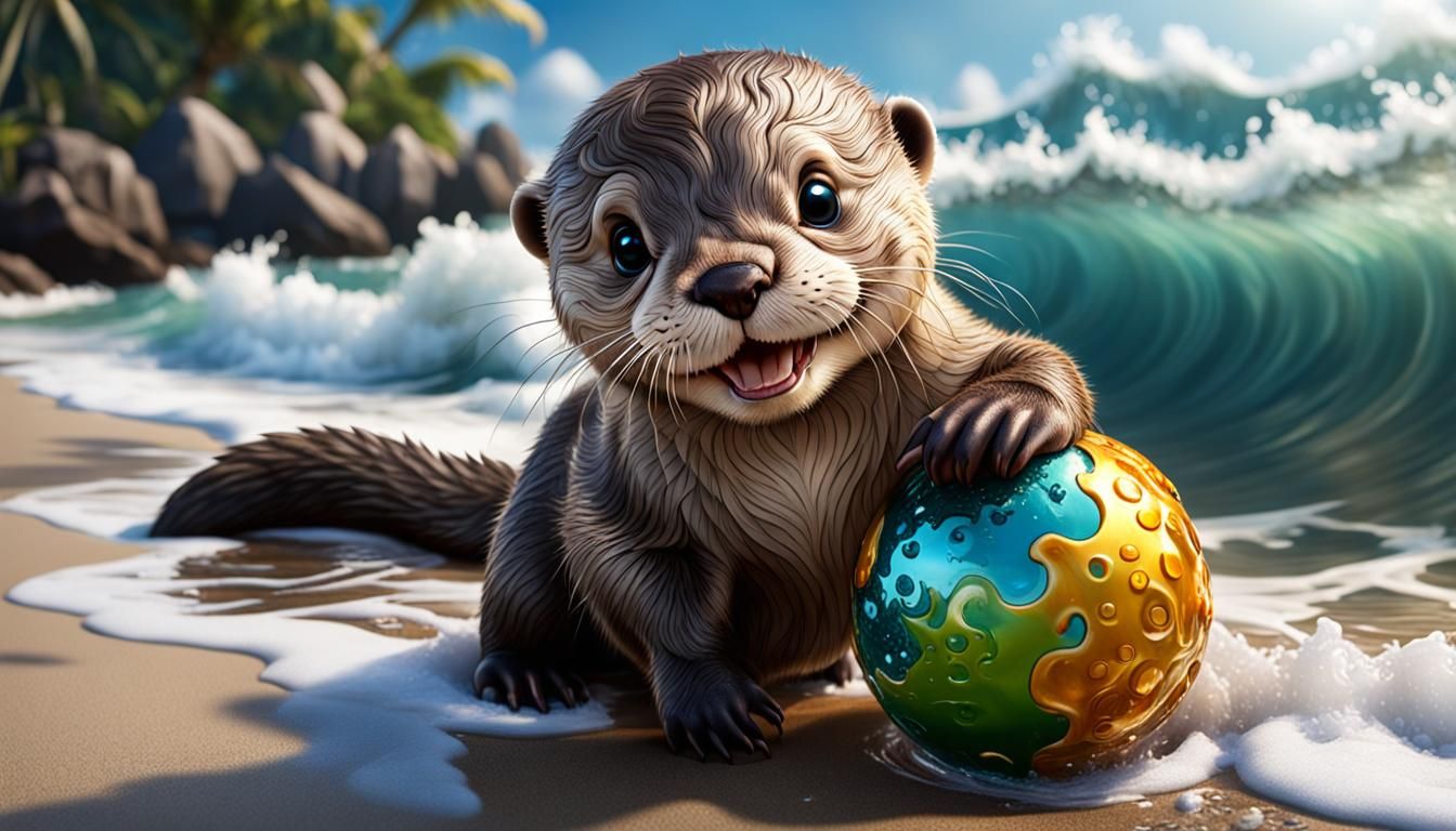 Cute Otter Cub Plays on Tropical Island Shore