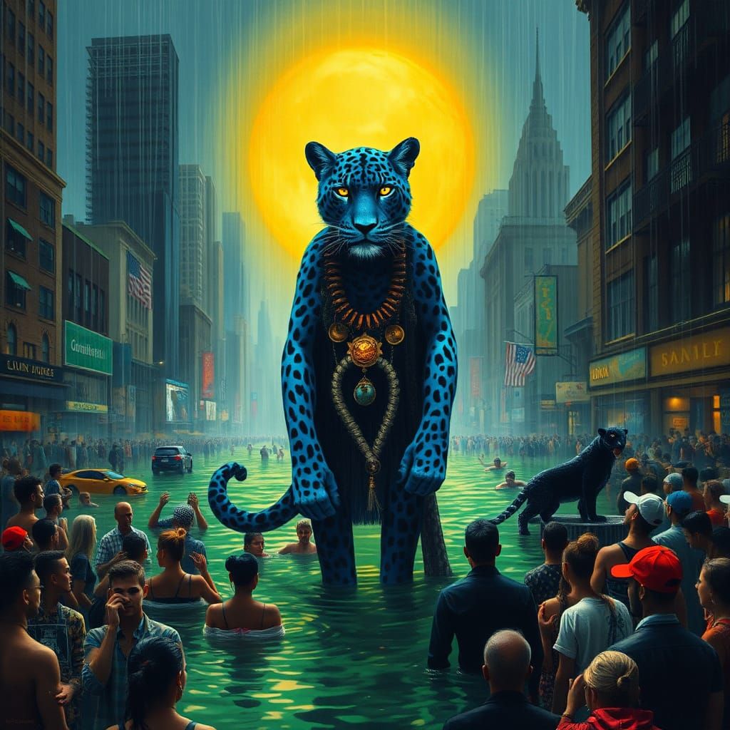 Mystical Leopard Shaman in Flooded City: Surreal Art