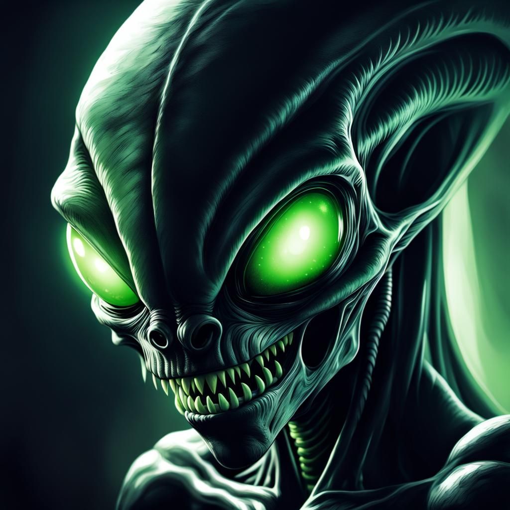 Eerie Alien Illustration with Glowing Green Eyes